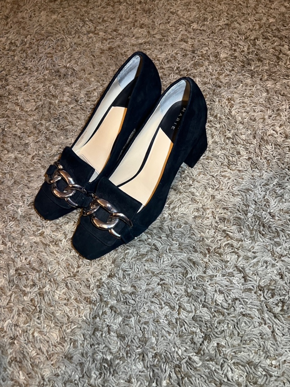 Alex Marie Black Suede Loafers with Chain Accent